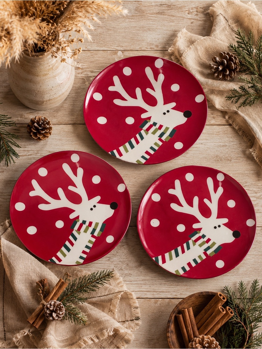 Crate & Barrel‎ Christmas Reindeer &Snow Plates Set 3